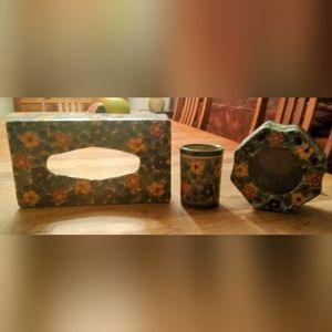 Mexican Ceramic Bathroom set; tissue, toothbrush holder and water cup.